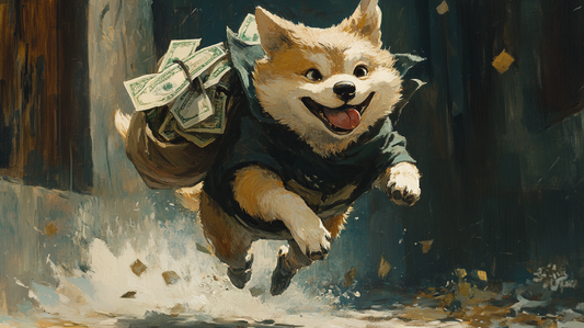 A dog thief running away with a bag of money