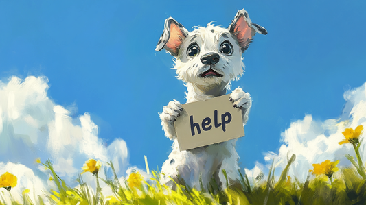 A dog holding a sign that says "help"