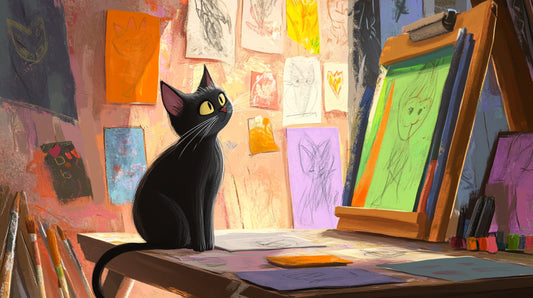 A black cat looking at art from an artist's work station. 