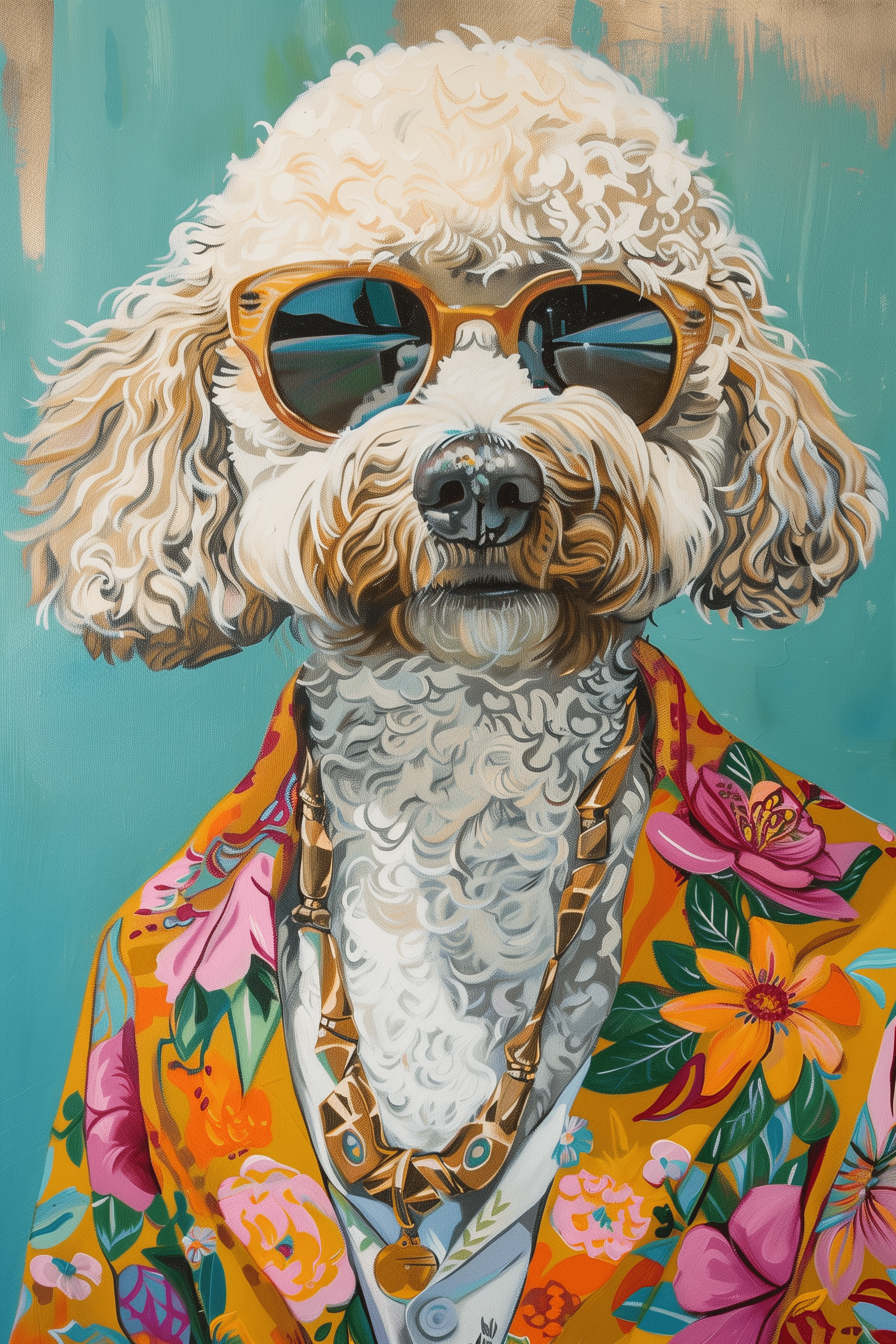 An original piece of art portrait by Paw Prints, featuring a retro Poodle dog hippy with sunglasses and a Hawaiian shirt.