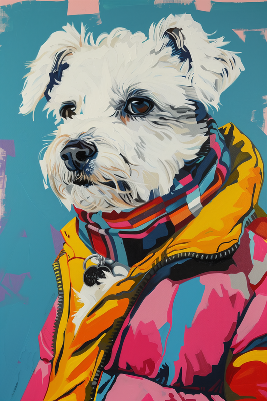 An original art portrait by Paw Prints of a retro Maltese Dog wearing a colorful hoodie, scarf, and puffer jacket. 