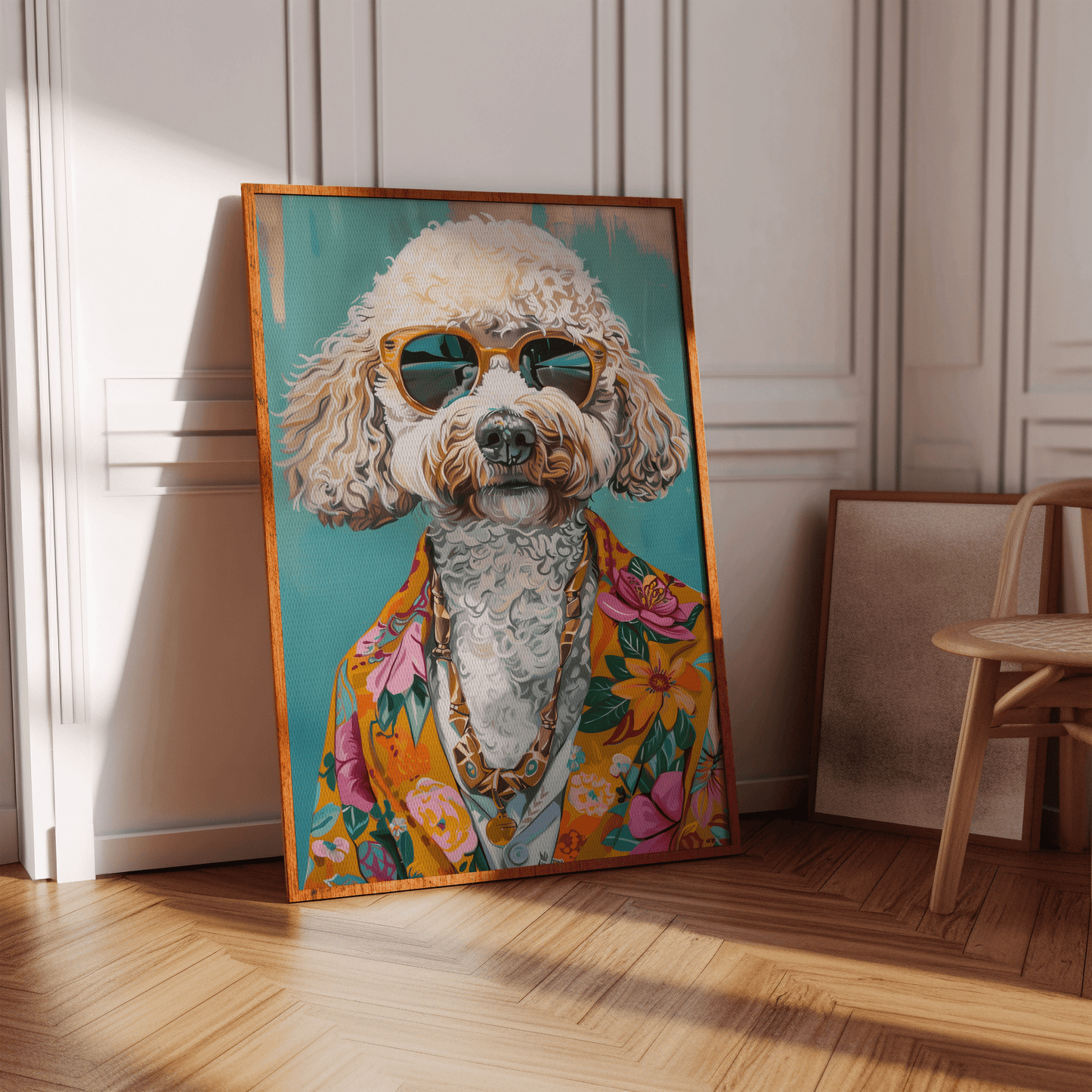 A retro Poodle Dog with sunglasses and a Hawaiian shirt, in a white Victorian hallway in view of natural sunlight.