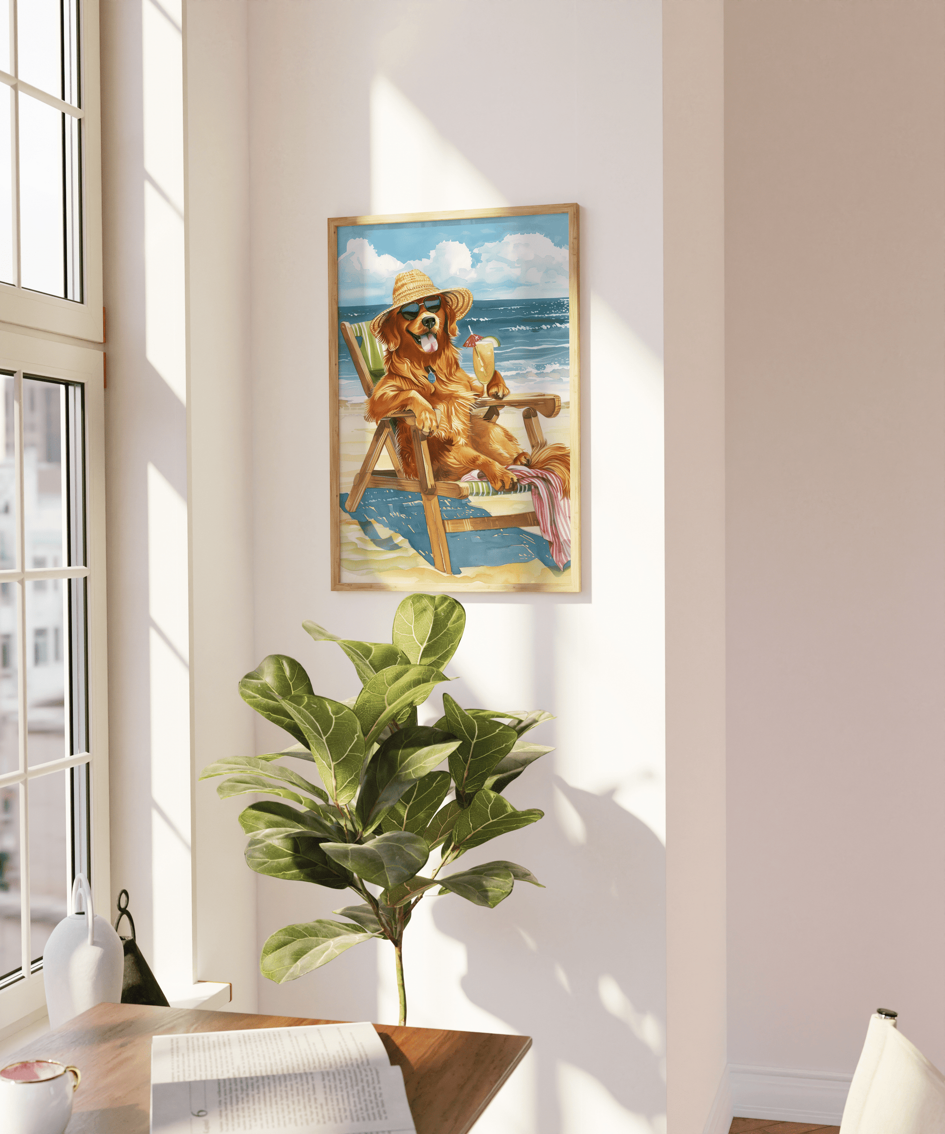 Painting of a Golden Retriever sunbathing at the beach with a cocktail, on a blank wall - Paw Prints