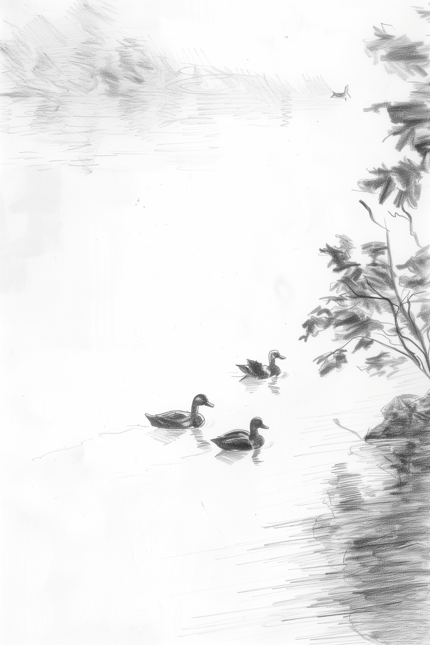 Black and white pencil sketch of 3 ducks swimming in a lake - Paw Prints