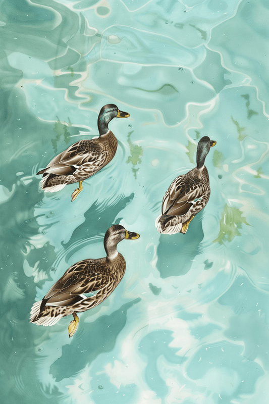 Paw Prints original art painting of three Cayuga ducks swimming in crystal clear water