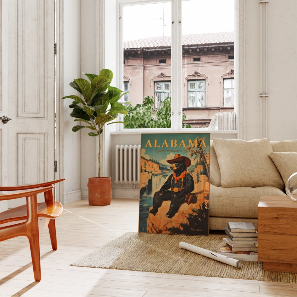 "Alabama", a vintage travel poster, featuring a country black bear wearing a cowboy outfit and hat sitting next to the little river canyon national preserve.