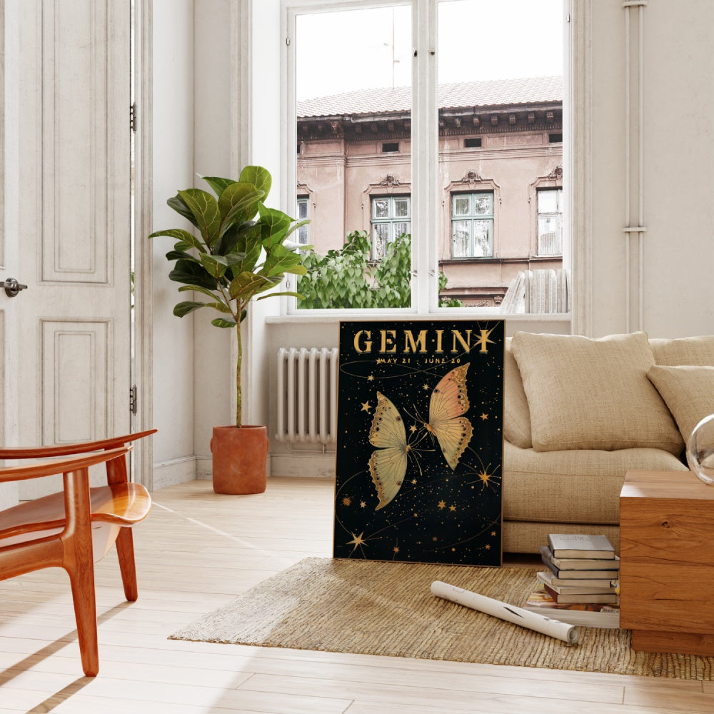 "Gemini", a vintage astrology poster, featuring twin butterflies flying in the night skies, bright stars