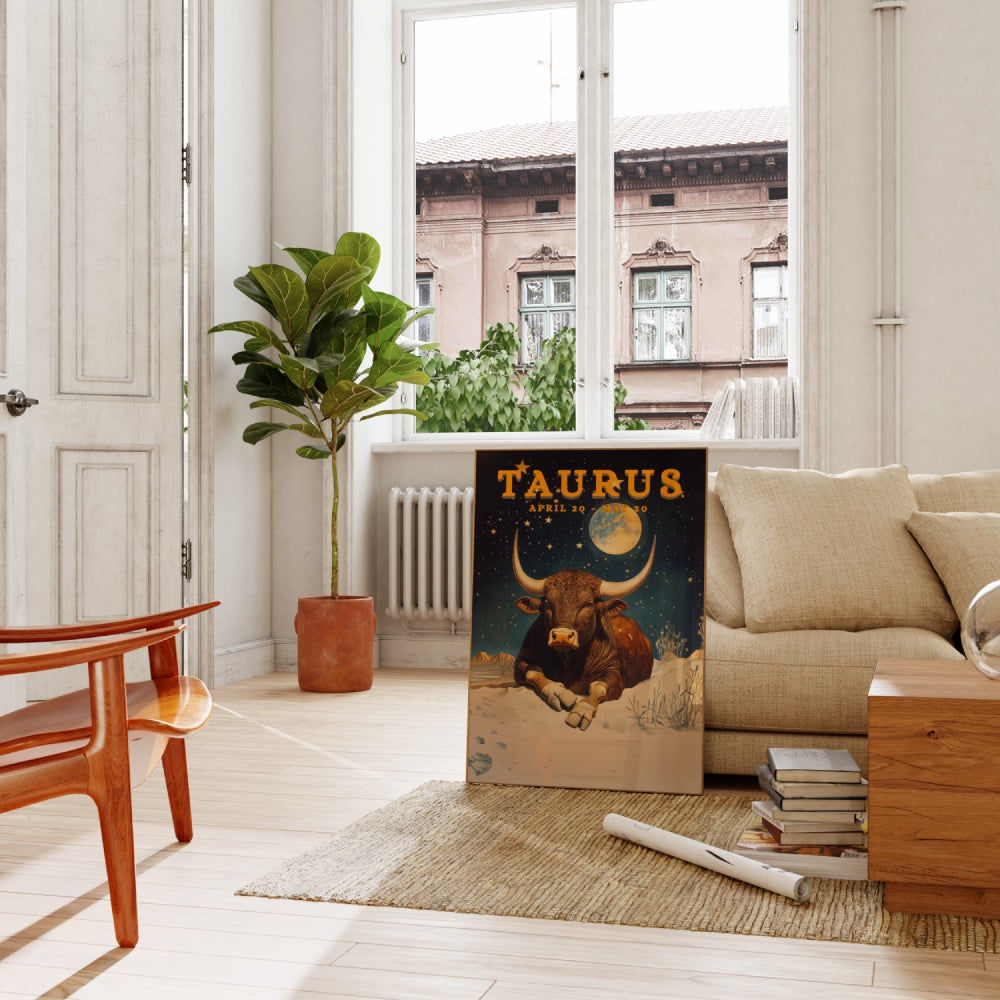 "Taurus", a vintage astrology poster, featuring a bull sitting peacefully under the stary night skies