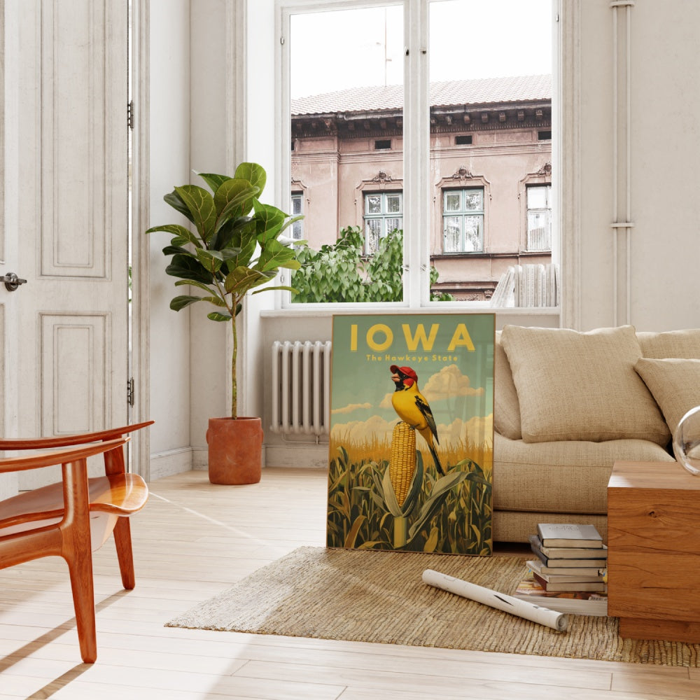 "Iowa", a vintage travel poster, featuring an American goldfinch standing on a ripe corn on a farm field, wearing a farmer's hat