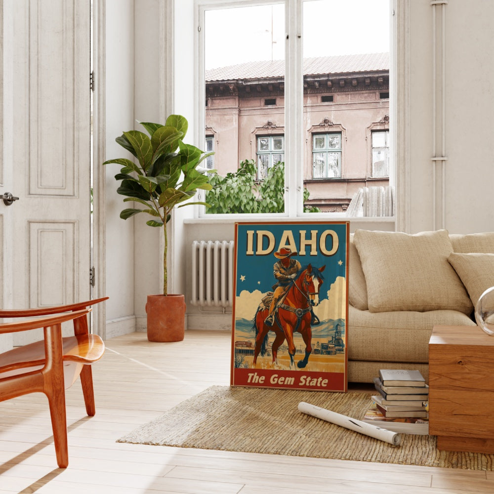 "Idaho", a vintage travel poster, featuring a cowboy on a horse in the old west of Idaho.