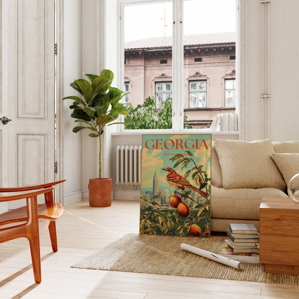 "Georgia", a vintage travel poster, featuring a Brown thrasher perched on a peach tree in Atlanta.