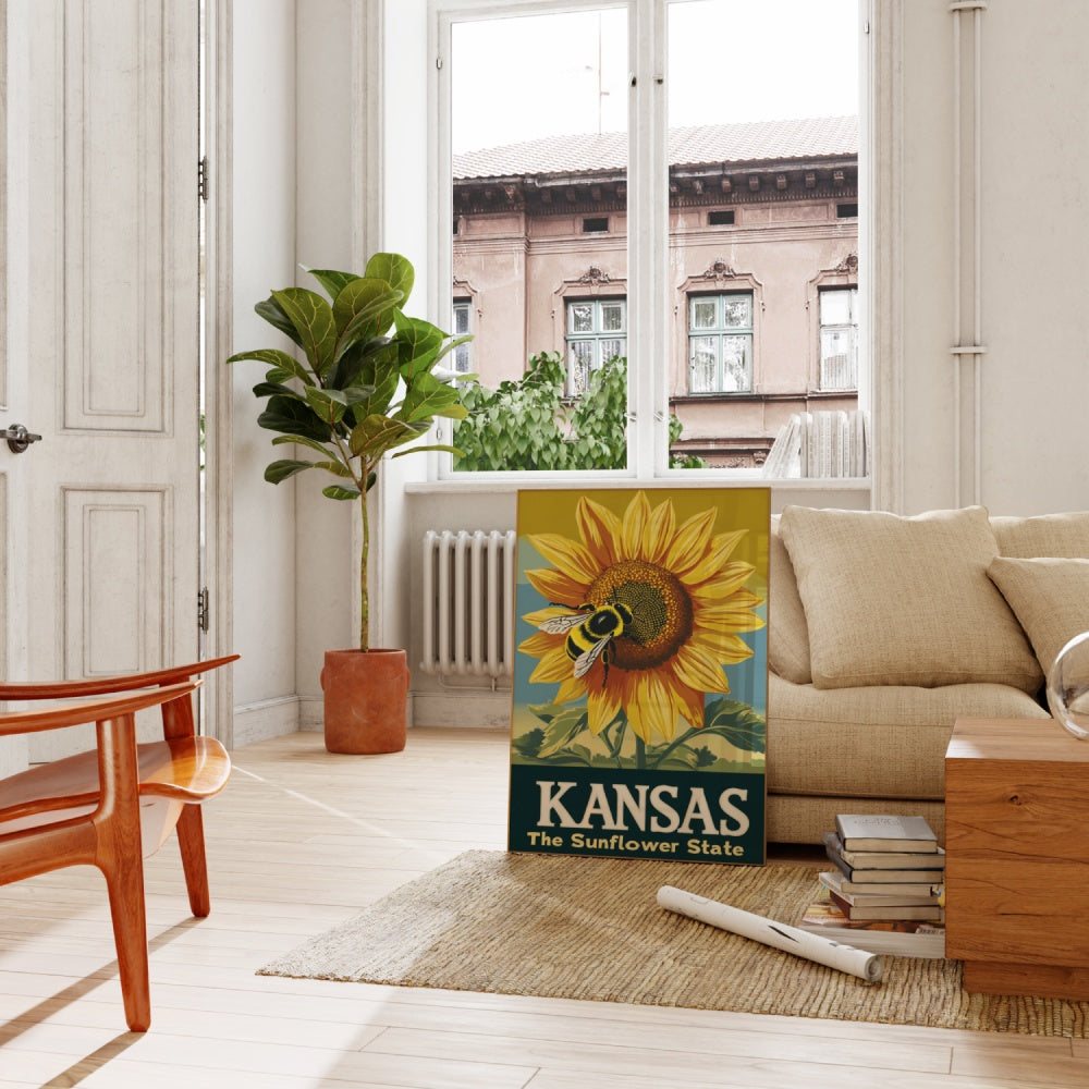 "Kansas", a vintage travel poster, featuring a honeybee ontop of a sunflower in the state of Kansas