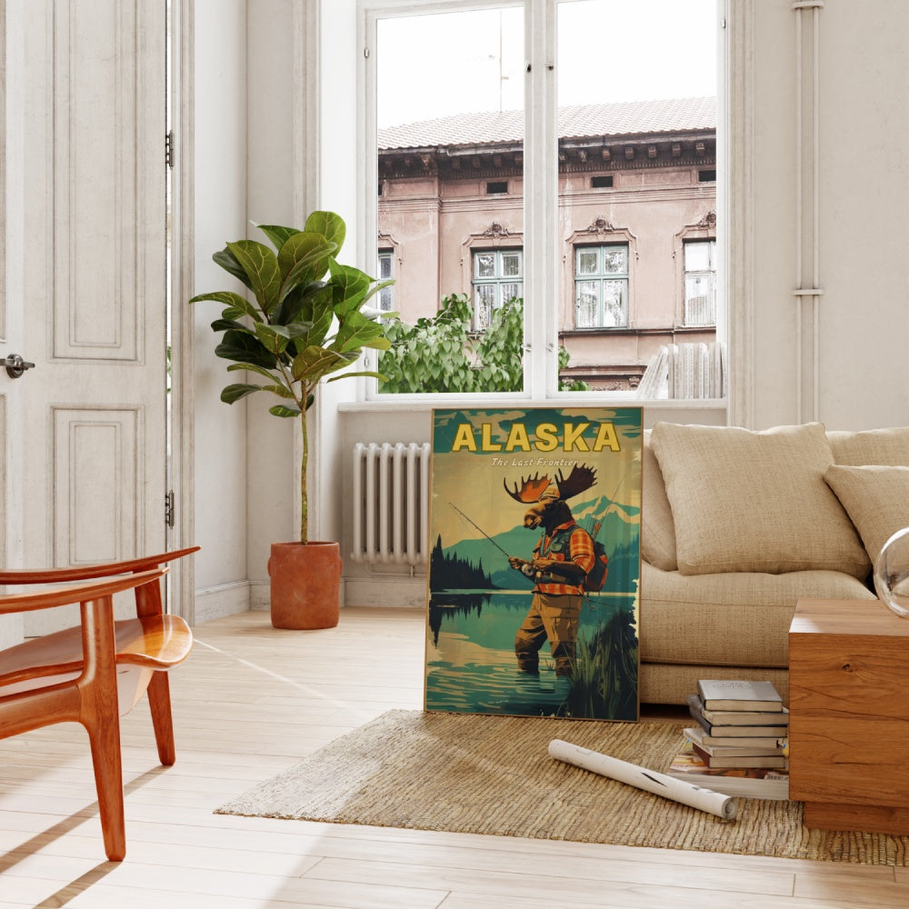 "Alaska", a vintage travel poster, featuring a Moose wearing fishing gear and hip waders, fly fishing at an Alaskan river 