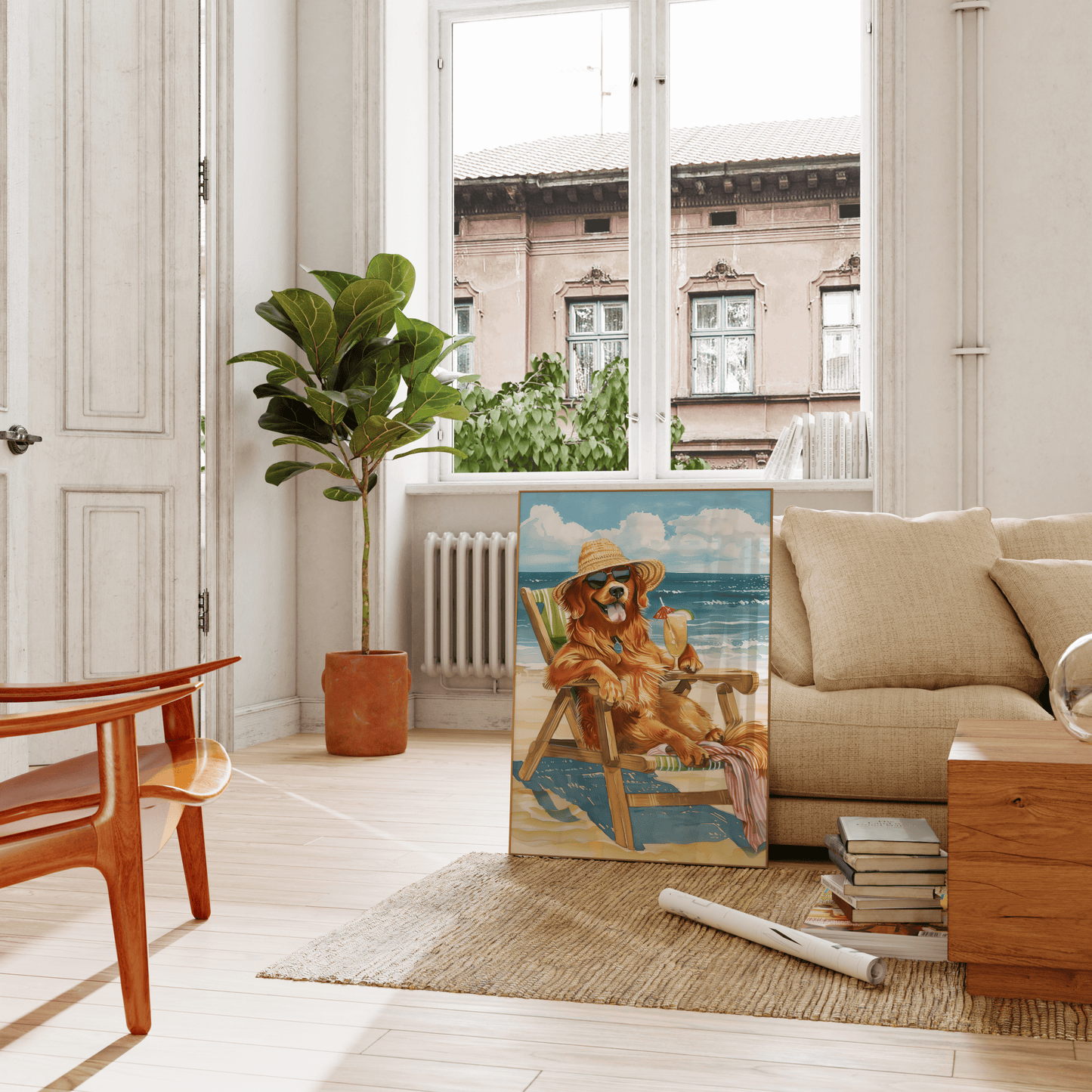 Painting of a Golden Retriever sunbathing at the beach with a cocktail, leaning against the living room couch - Paw Prints