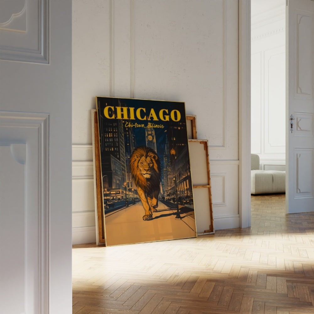 A vintage travel poster of a lion walking in the night streets of Chicago