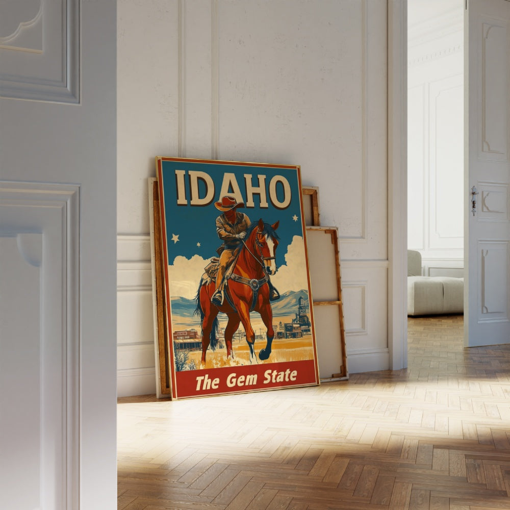 "Idaho", a vintage travel poster, featuring a cowboy on a horse in the old west of Idaho.