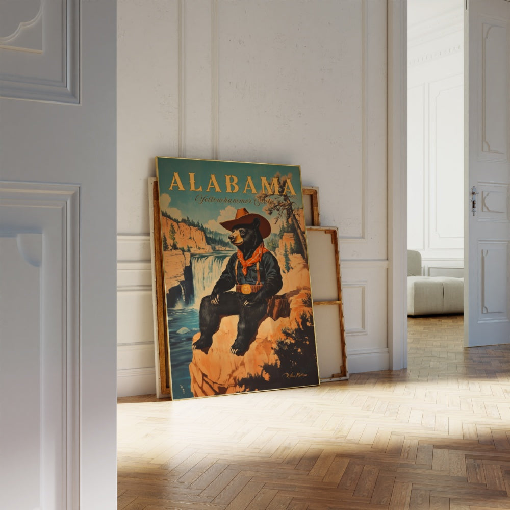 "Alabama", a vintage travel poster, featuring a country black bear wearing a cowboy outfit and hat sitting next to the little river canyon national preserve.