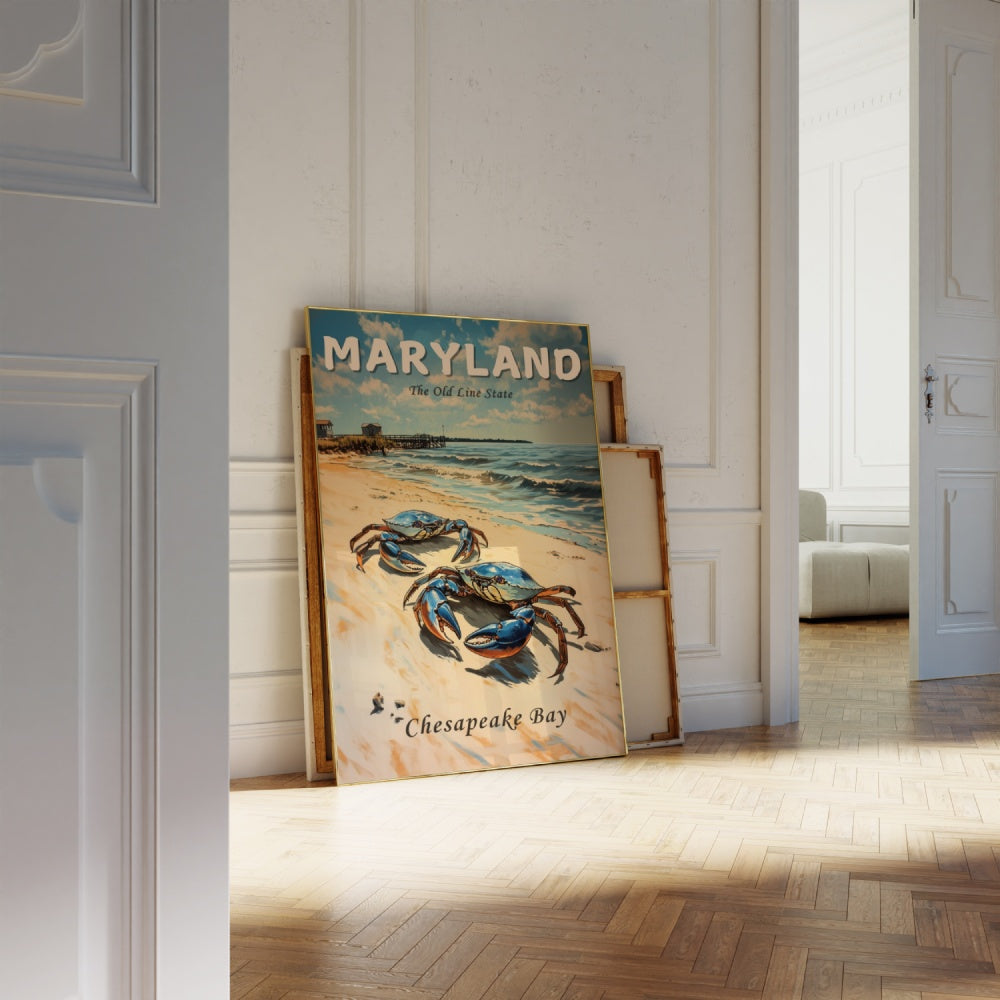 Vintage travel poster of Maryland, featuring 2 Maryland blue shell crabs on the beach of Chesapeake Bay