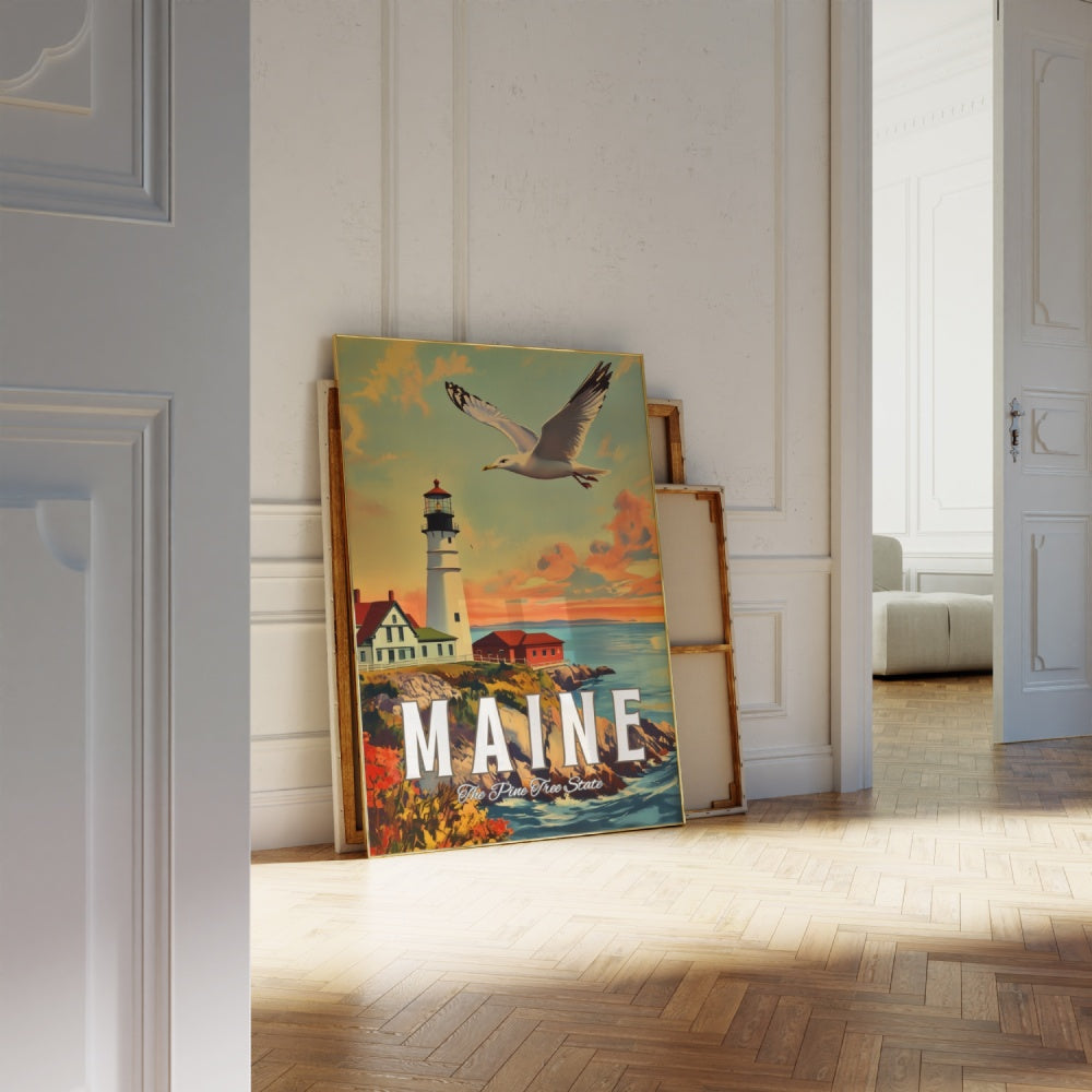 "Maine", a vintage travel poster, featuring a seagull flying next to the Portland Head Light