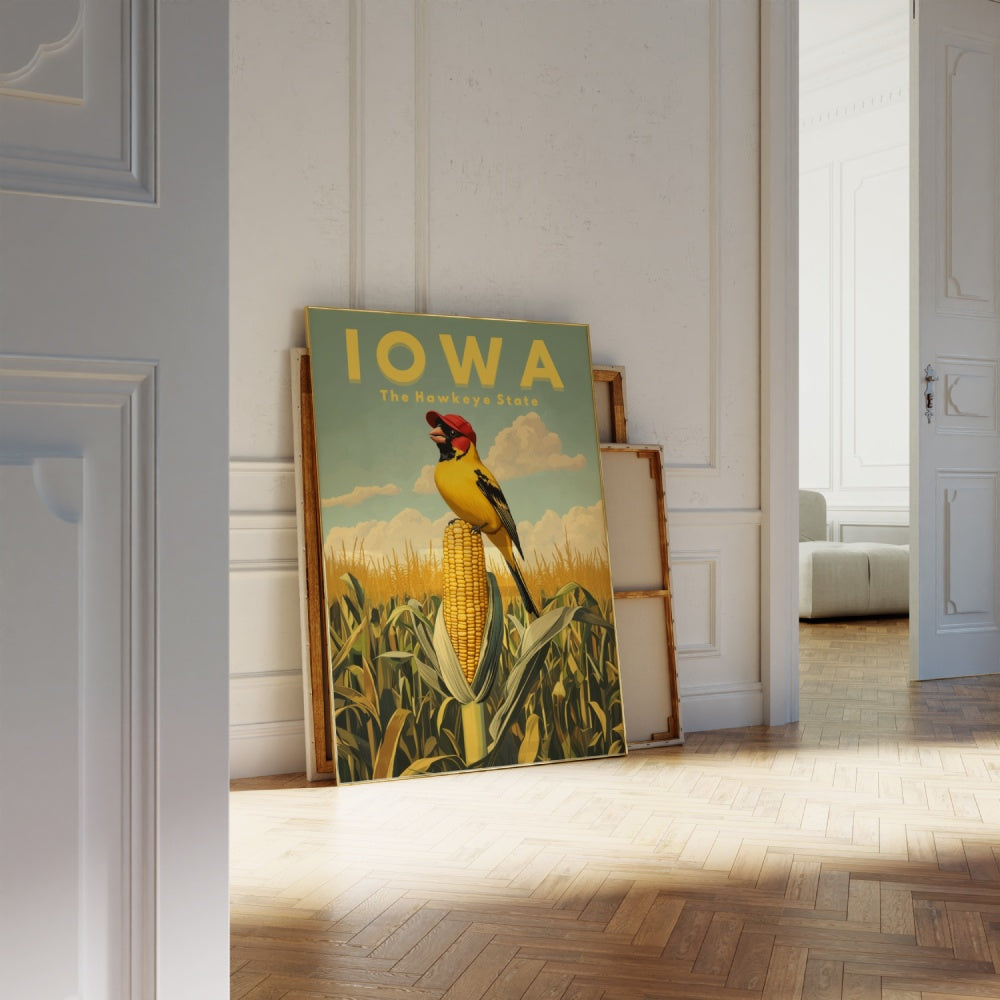 "Iowa", a vintage travel poster, featuring an American goldfinch standing on a ripe corn on a farm field, wearing a farmer's hat