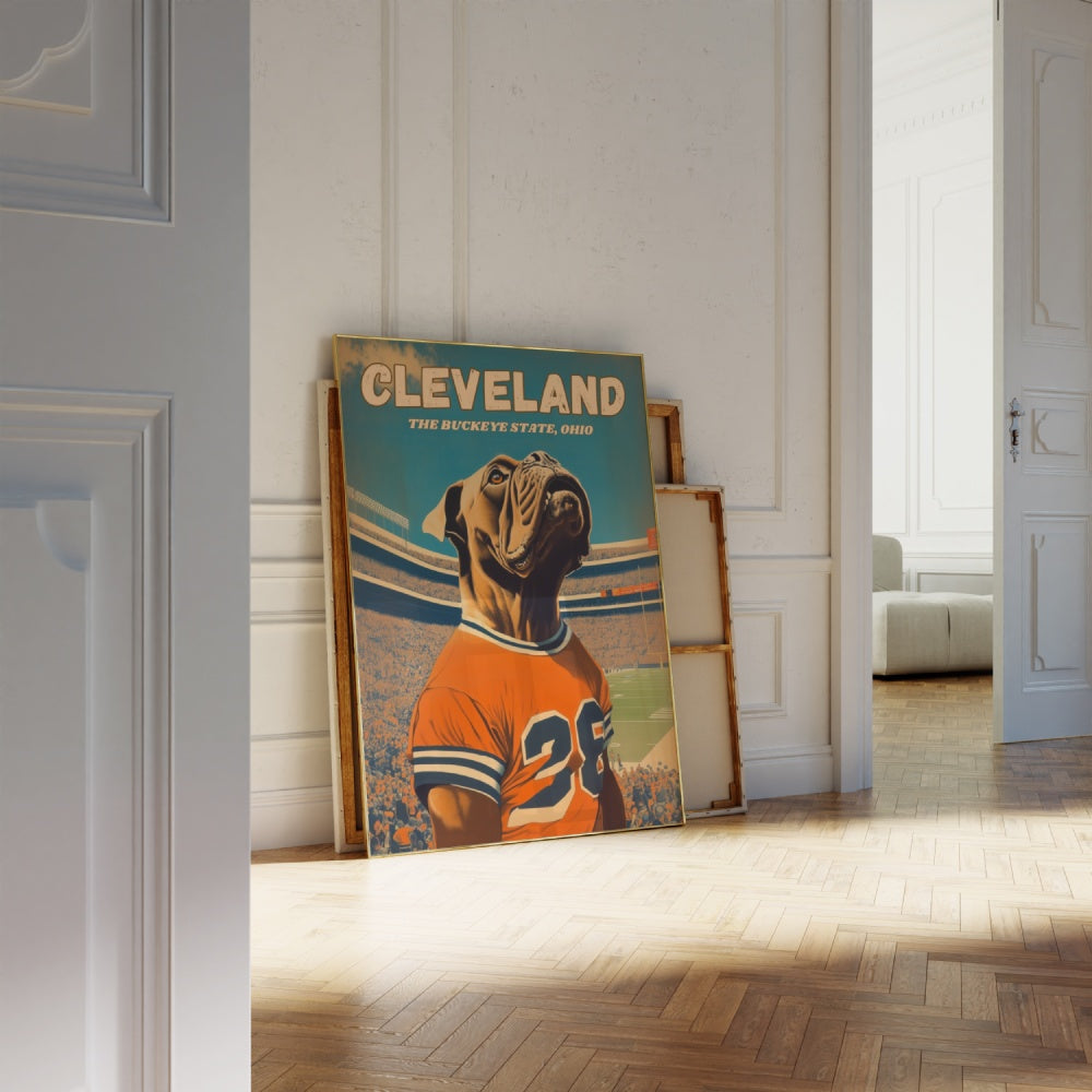 A vintage travel poster of a bull mastiff dog wearing a football jersey