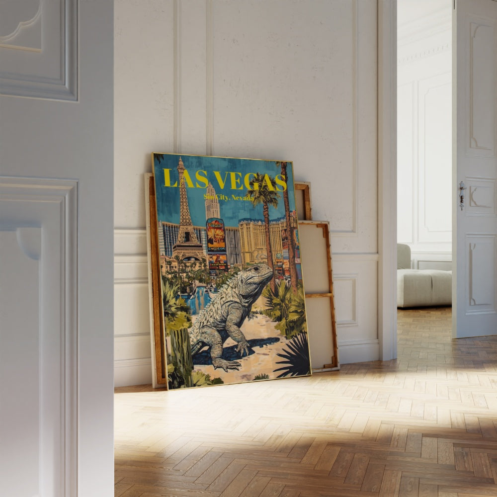 A vintage Las Vegas framed travel poster with a giant lizard in the middle of the Las Vegas Strip. 