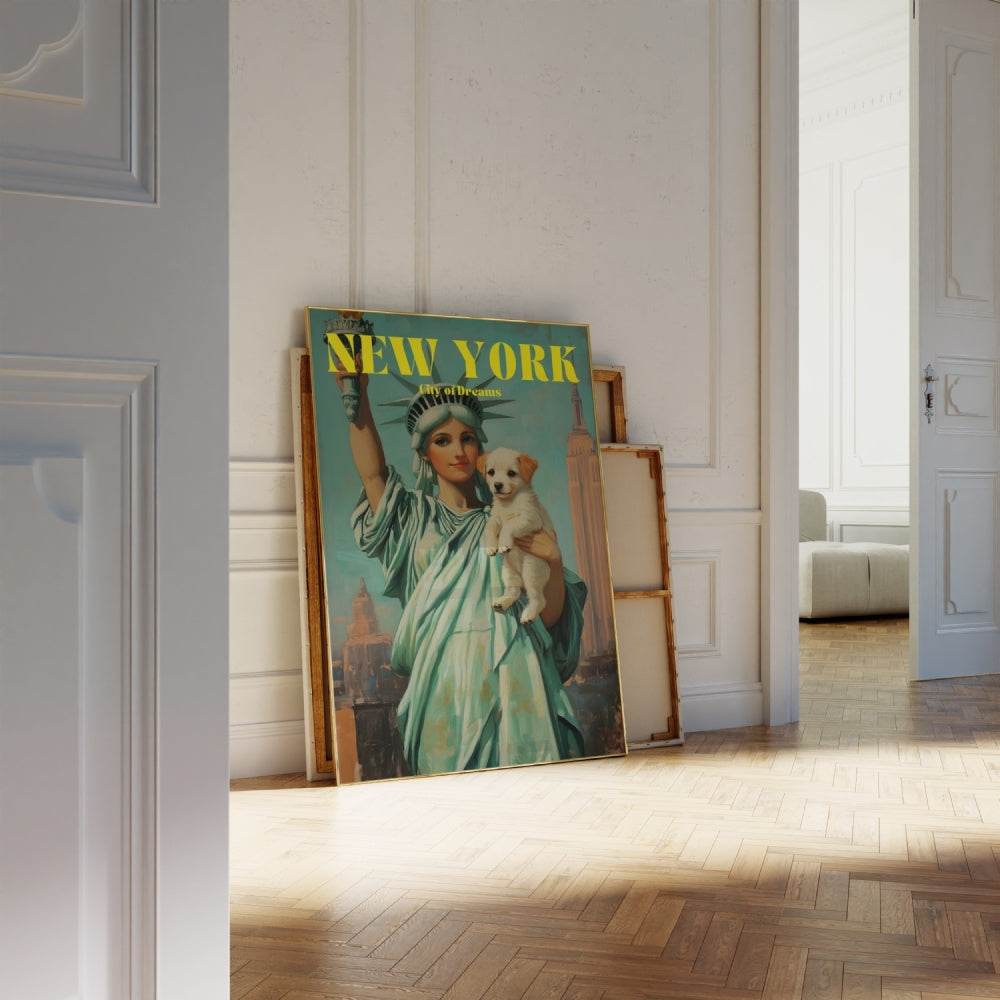 A Vintage travel poster of New York, City of Dreams, featuring Lady Liberty holding a puppy. 