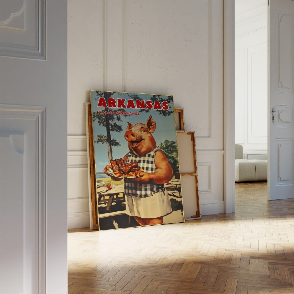 "Arkansas", a vintage travel poster, featuring a wild hog holding a plate of southern bbq ribs