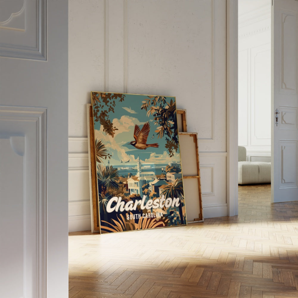 "Charleston", a vintage travel poster, featuring a Carolina wren flying over Charleston in South Carolina