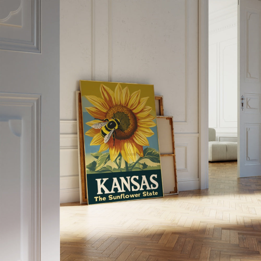 "Kansas", a vintage travel poster, featuring a honeybee ontop of a sunflower in the state of Kansas