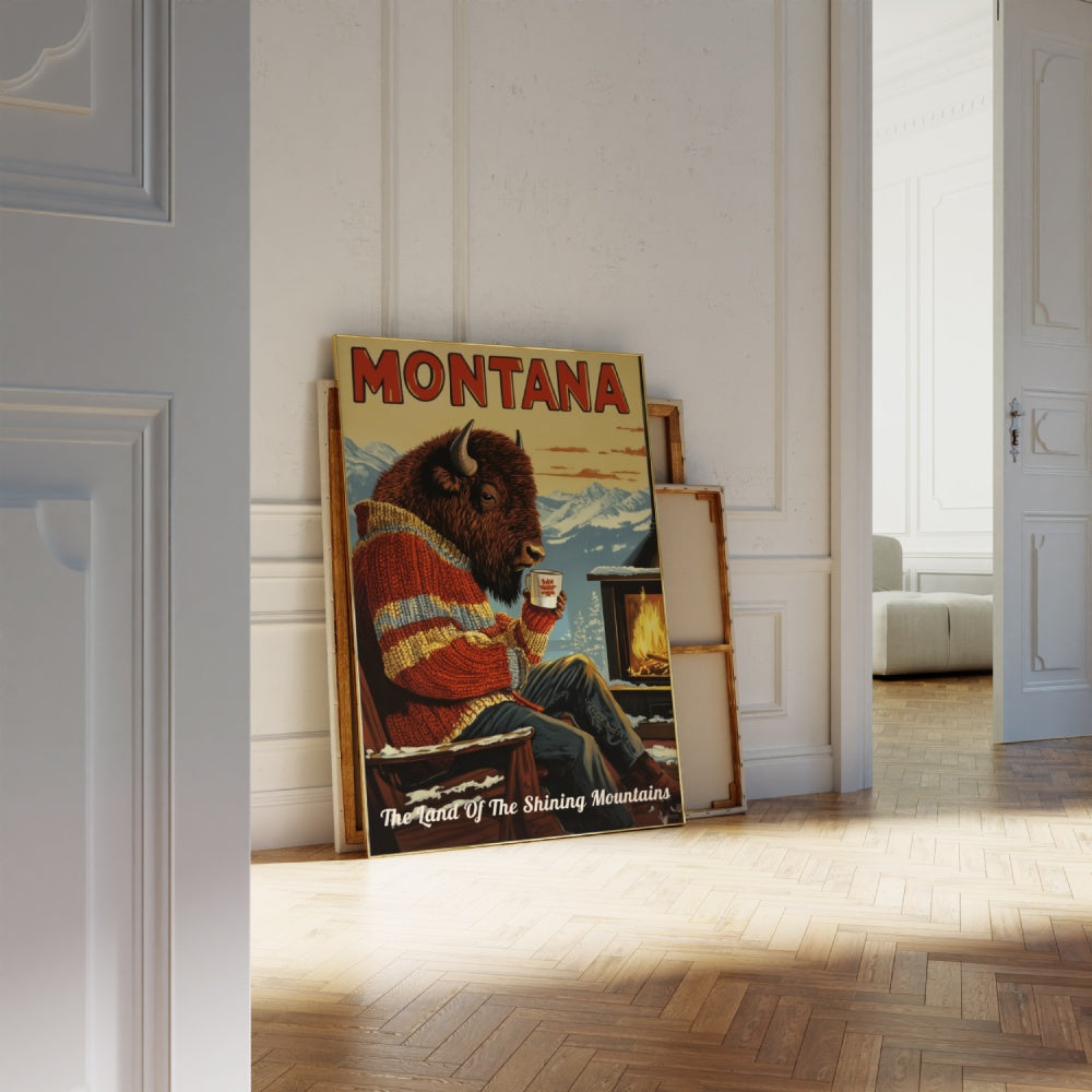 "Montana", a vintage travel poster, featuring a bison drinking coffee in the winters of the Montana mountains