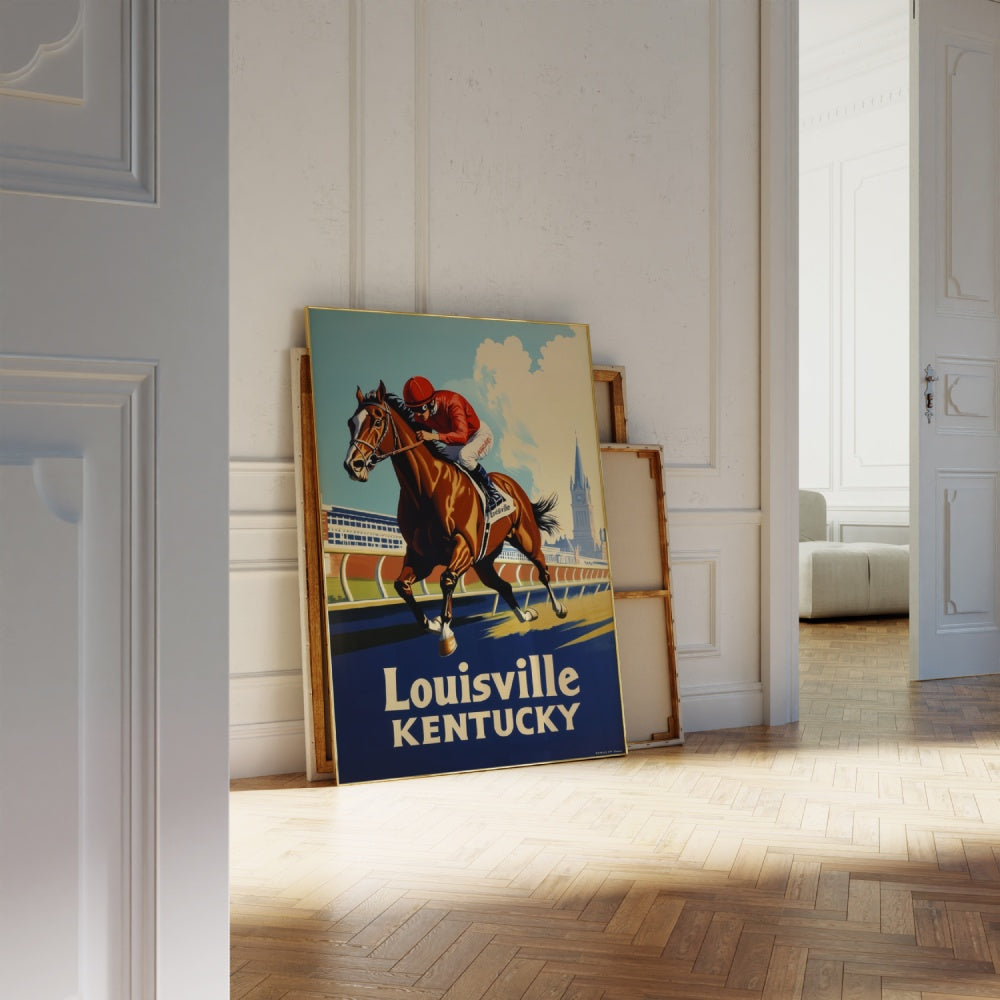 "Louisville, Kentucky", a vintage travel poster, featuring a horse derby in Louisville