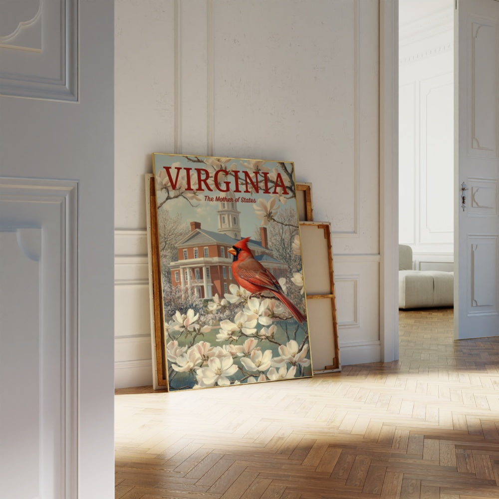 a vintage travel poster, featuring a Virginia Northern Cardinal perched on a tree of dogwood and magnolia flowers