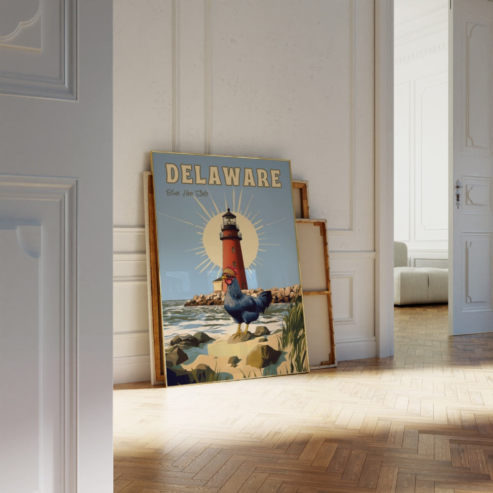 "Delaware", a vintage travel poster, featuring a blue hen chicken wearing shades and a bandana in front of the Delaware Breakwater lighthouse