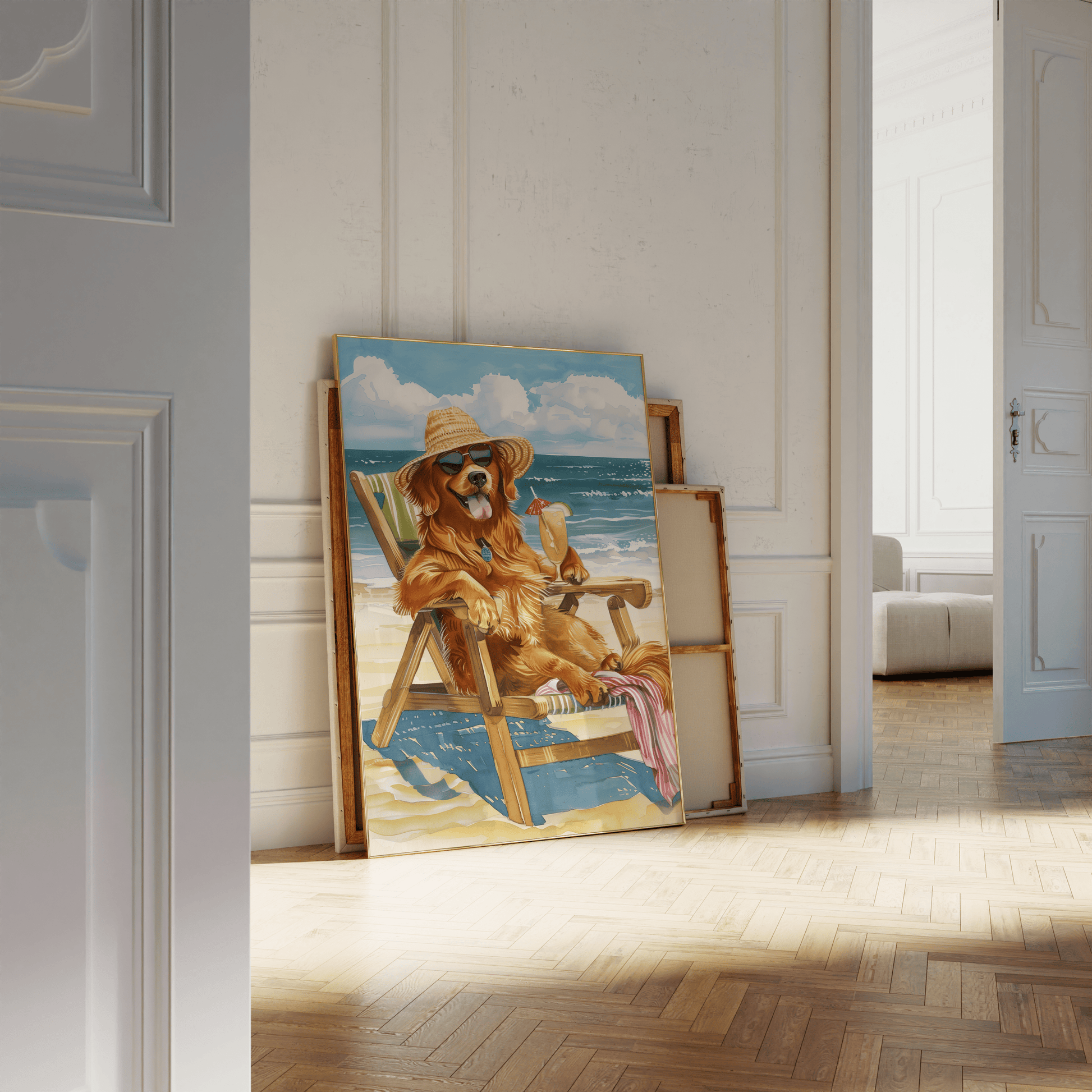 Painting of a Golden Retriever sunbathing at the beach with a cocktail, leaning against a white bathroom wall - Paw Prints