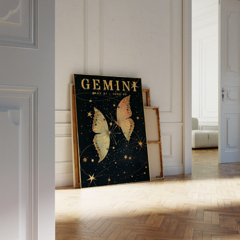 "Gemini", a vintage astrology poster, featuring twin butterflies flying in the night skies, bright stars