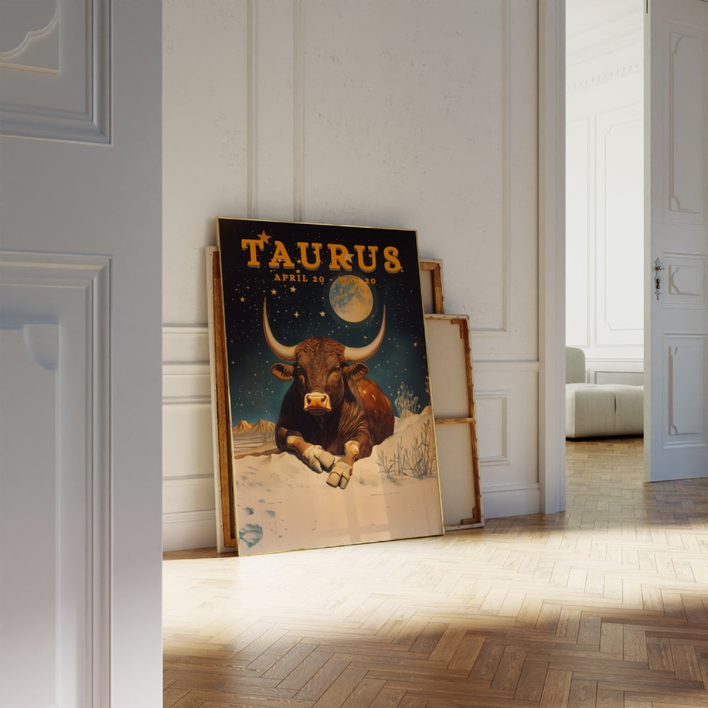 "Taurus", a vintage astrology poster, featuring a bull sitting peacefully under the stary night skies