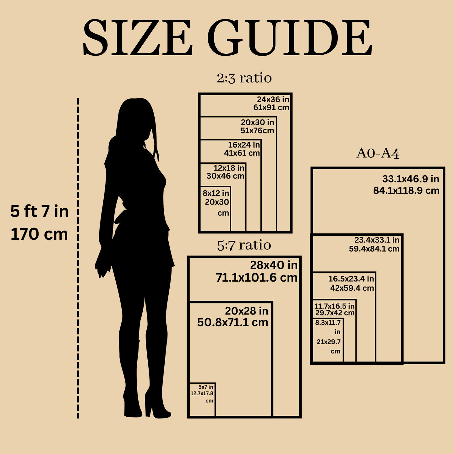 The size chart by Paw Prints features a woman who is 5 foot 7 inches tall for reference, ranging from size A0 to A4.