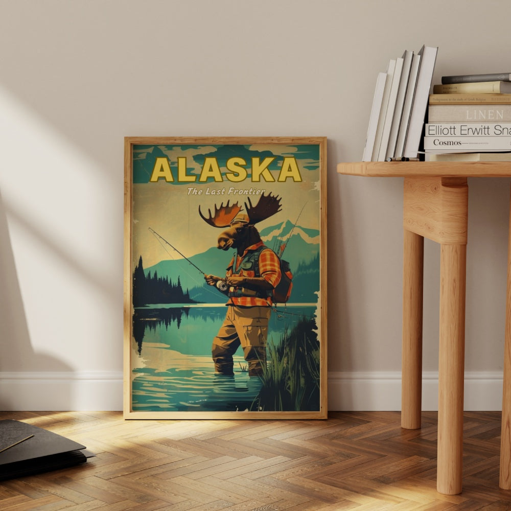 "Alaska", a vintage travel poster, featuring a Moose wearing fishing gear and hip waders, fly fishing at an Alaskan river 