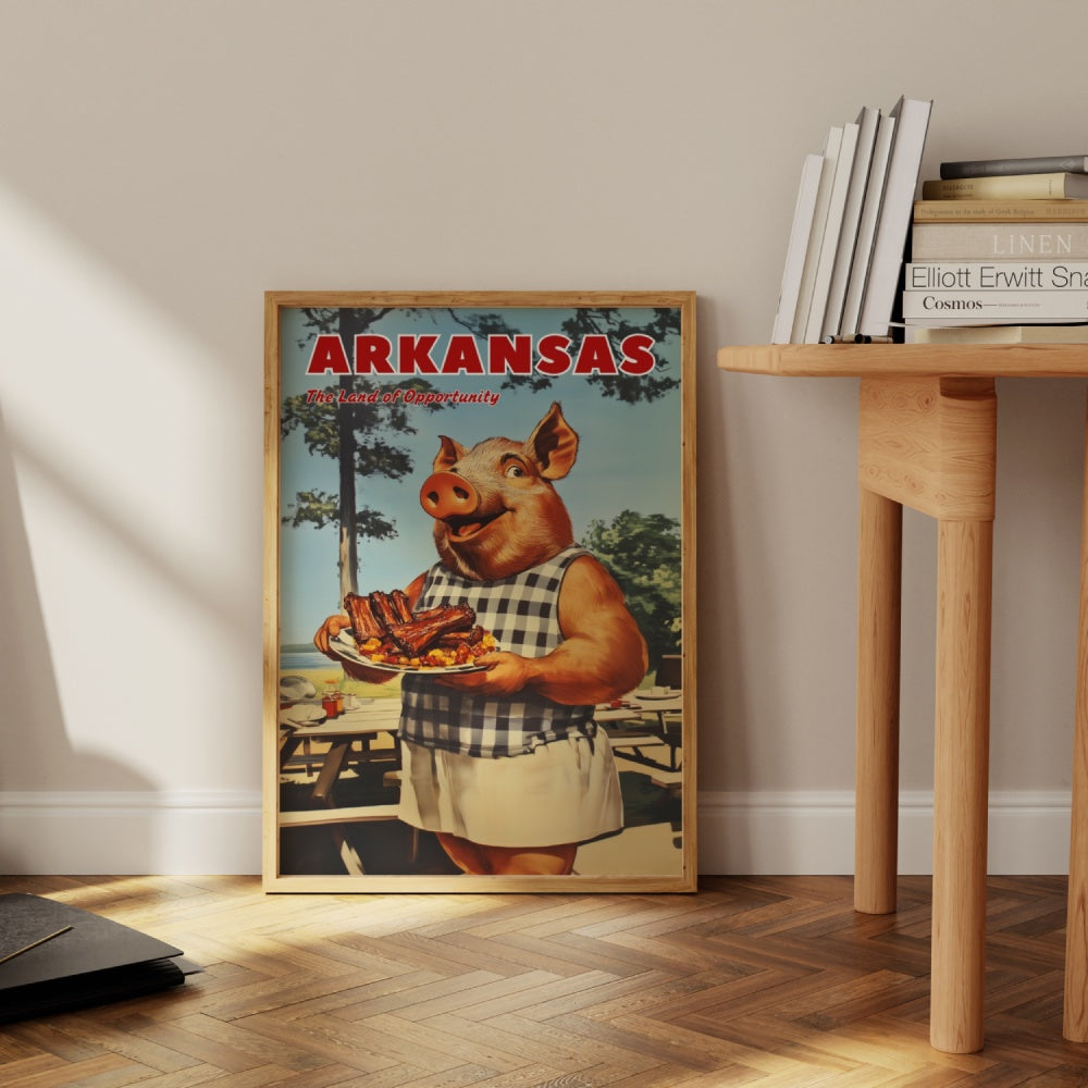 "Arkansas", a vintage travel poster, featuring a wild hog holding a plate of southern bbq ribs