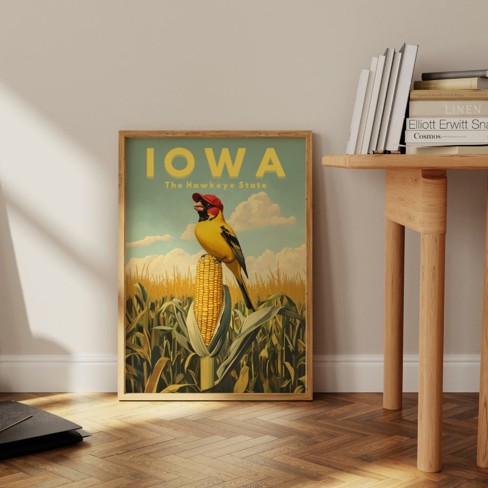 "Iowa", a vintage travel poster, featuring an American goldfinch standing on a ripe corn on a farm field, wearing a farmer's hat