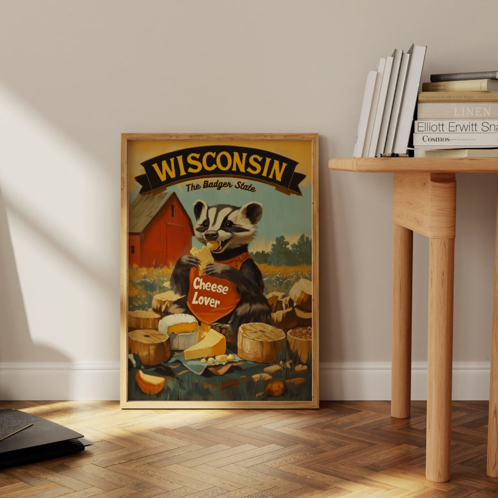 "Wisconsin", a vintage travel poster, featuring an American badger eating cheese in front of a red barn.