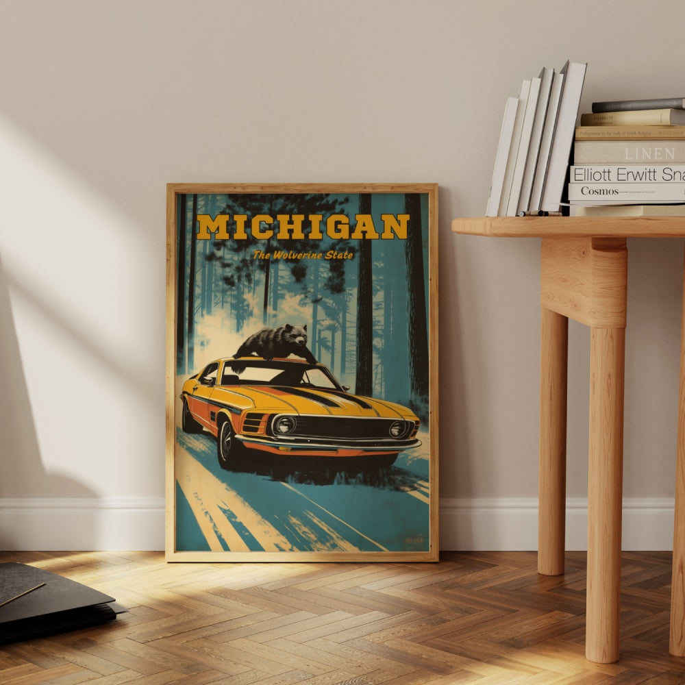 A vintage travel poster of Michigan, featuring a Wolverine on-top of a classic muscle car in the forest of Michigan