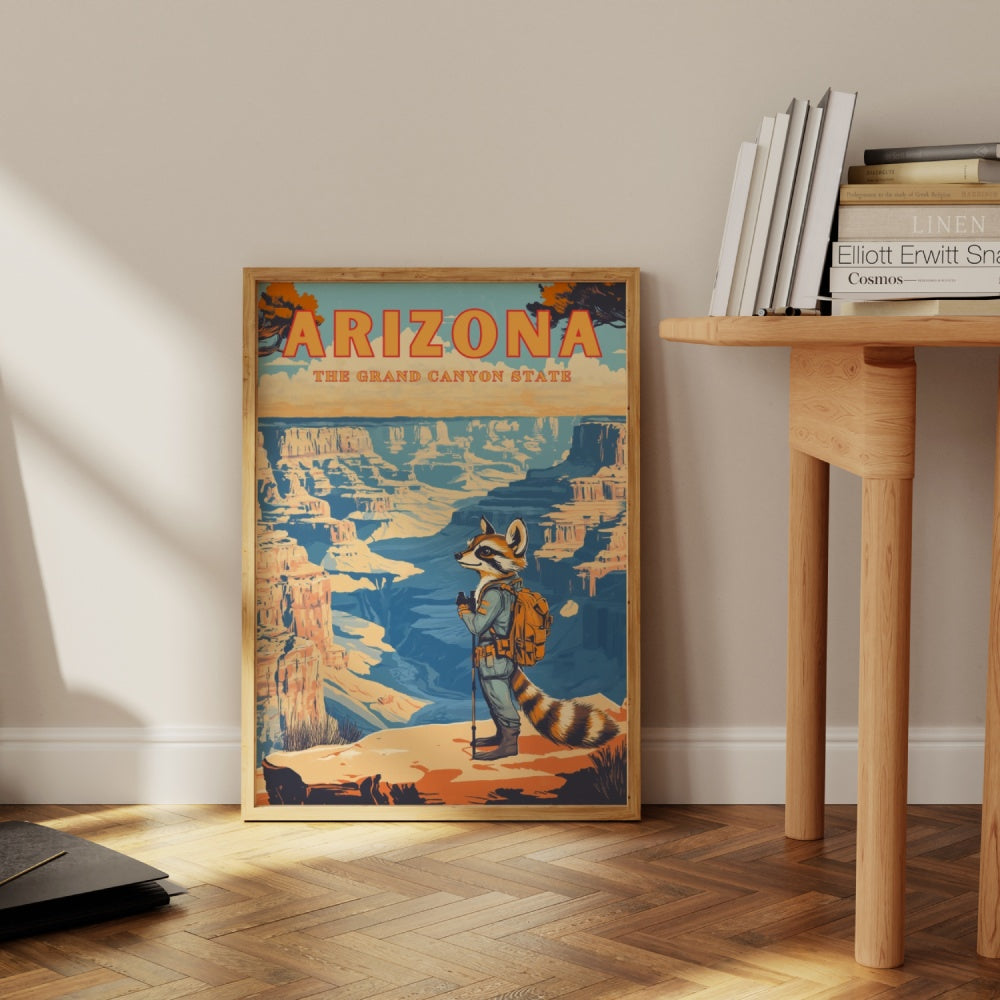 A vintage travel poster of Arizona, featuring a hiker ringtail wearing hiking gear in the Grand Canyon