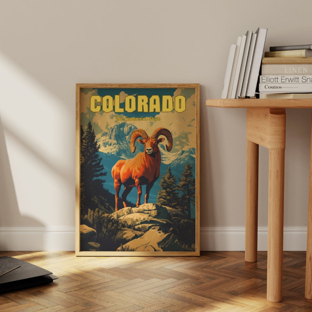 A vintage travel poster of Colorado, featuring a Rocky Mountain Bighorn Sheep on the rocky mountains of Colorado