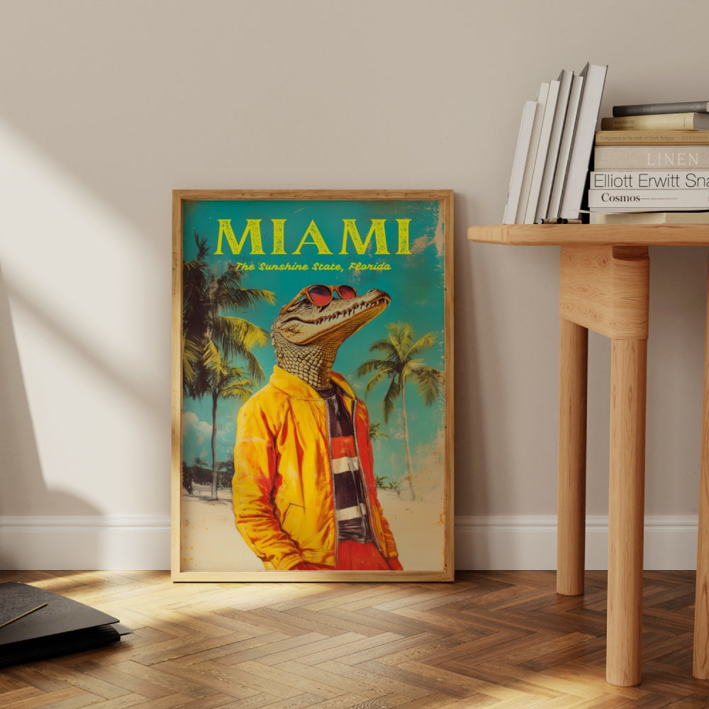 Vintage Travel poster of Miami Florida, featuring a crocodile wearing a tracksuit on Miami Beach. 