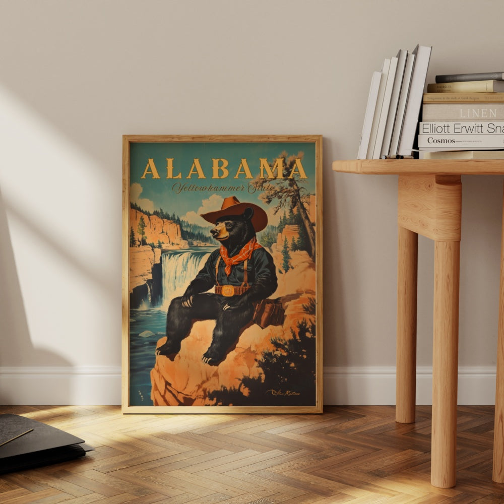 "Alabama", a vintage travel poster, featuring a country black bear wearing a cowboy outfit and hat sitting next to the little river canyon national preserve.