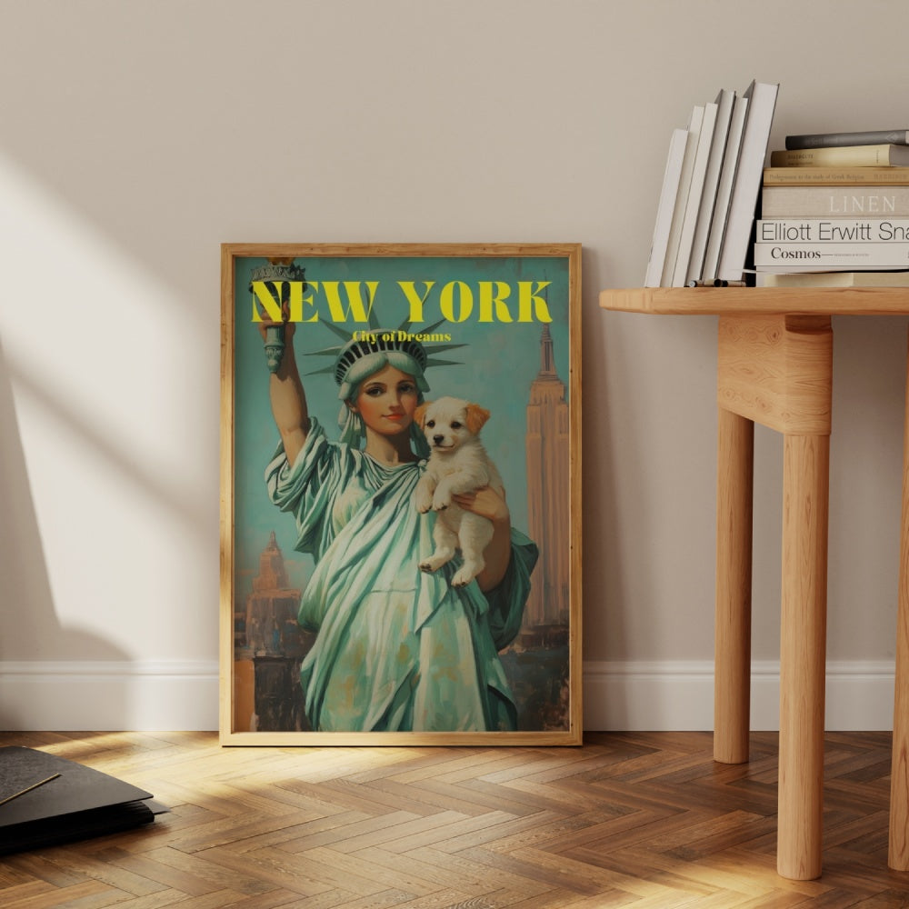 A Vintage travel poster of New York, City of Dreams, featuring Lady Liberty holding a puppy. 