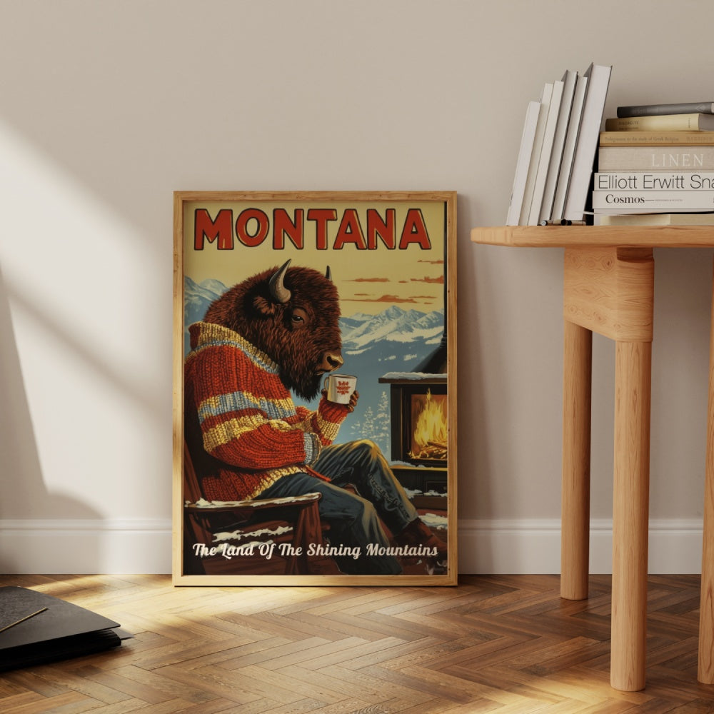 "Montana", a vintage travel poster, featuring a bison drinking coffee in the winters of the Montana mountains