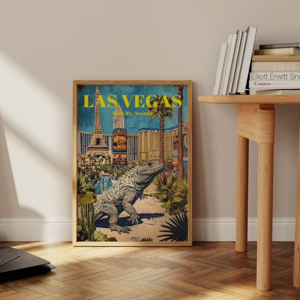 A vintage Las Vegas framed travel poster with a giant lizard in the middle of the Las Vegas Strip. 